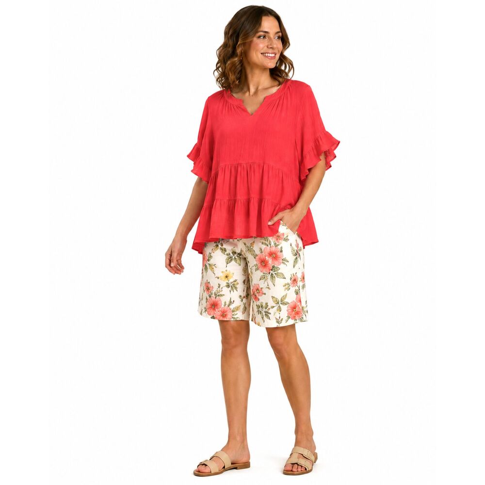 New UMGEE M 8 10 Strawberry Mandarin Collar V Neck Bell Ruffle Sleeve Tiered Top